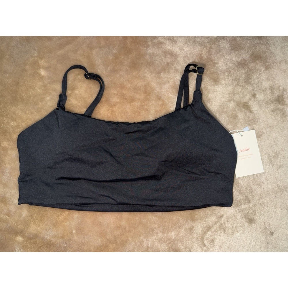 New Andie Swim Maui Top Size M Black Wide Rib Bikini Adjustable straps